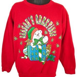Christmas Teddy Bear Sweatshirt Mens Size Large Vintage 90s Made In USA